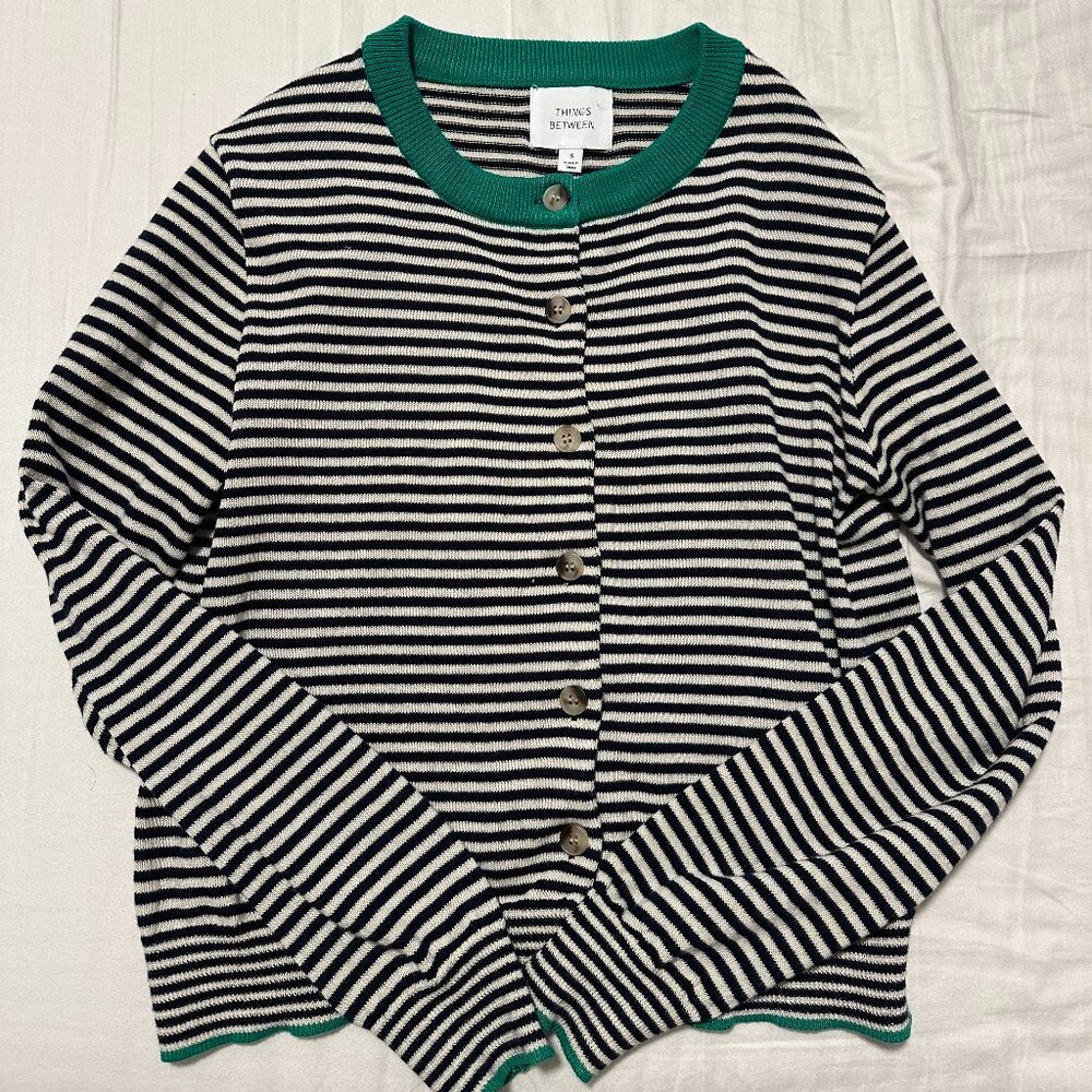 THOMAS BEWICK Green-Trim Black & White Striped Cardigan